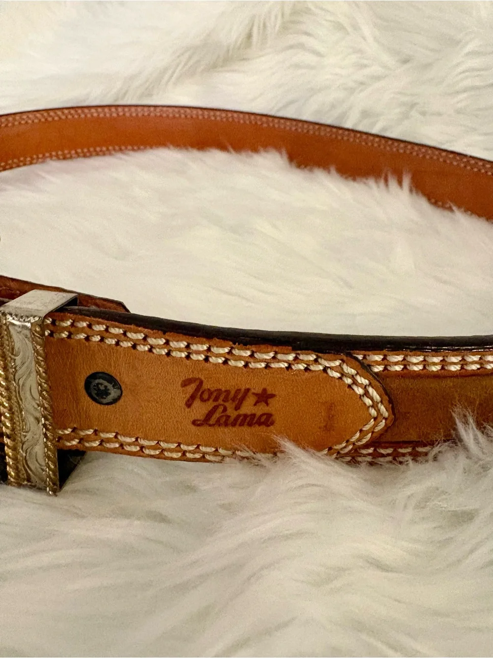 Tony Lama Tan Cheyenne Leather Belt with Ornate Silver Buckle Size 36